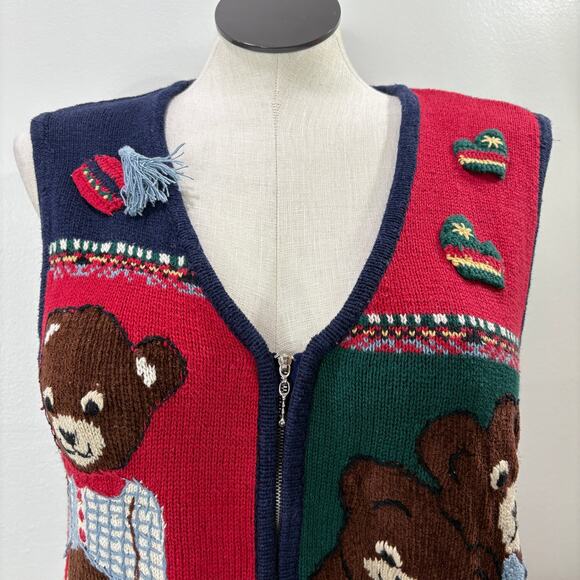 Capacity Vintage Plus Size 1X Cardigan Sweater Vest Teddy Bear Winter Christmas - Picture 12 of 16